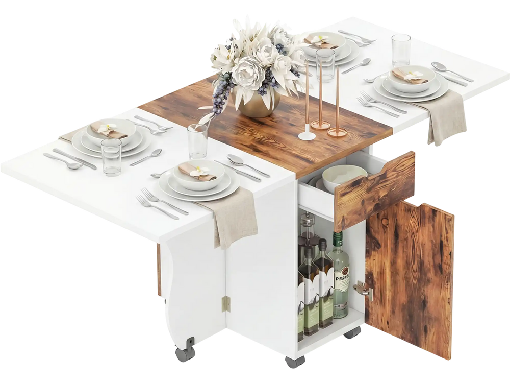 Folding dining table with drop leaf design, featuring a wood-like texture and lockable wheels for versatile kitchen use.