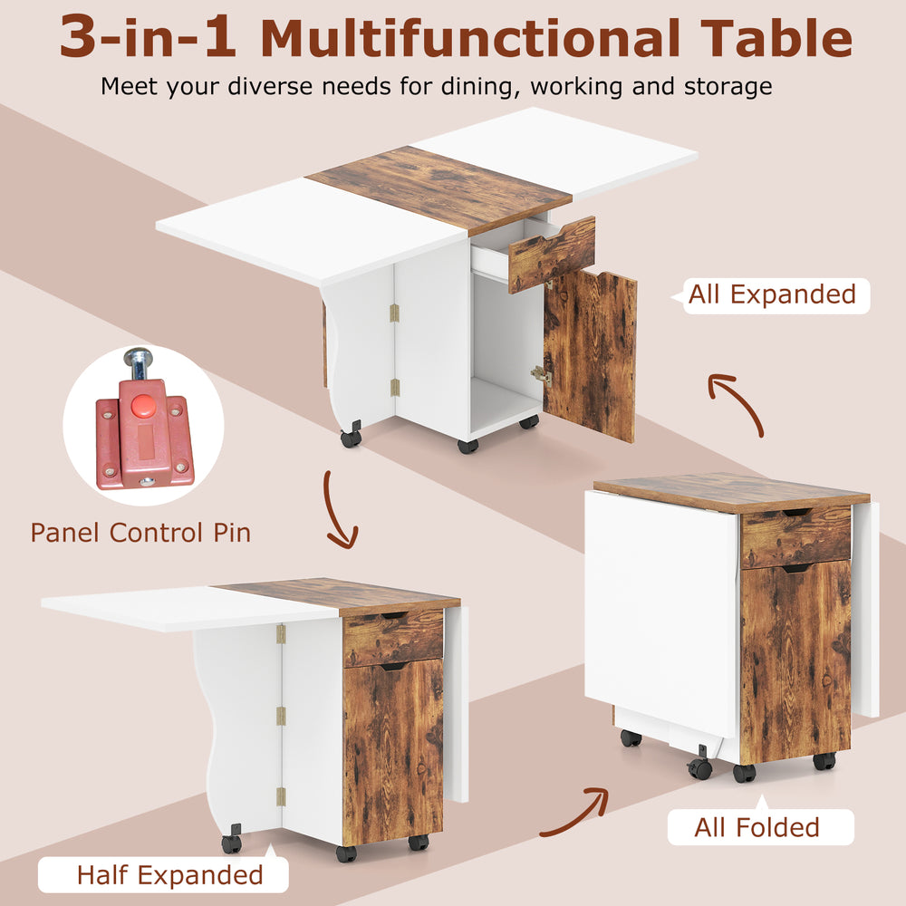 Folding dining table in brown, fully expanded with lockable wheels, ideal for dining, working, and storage needs.