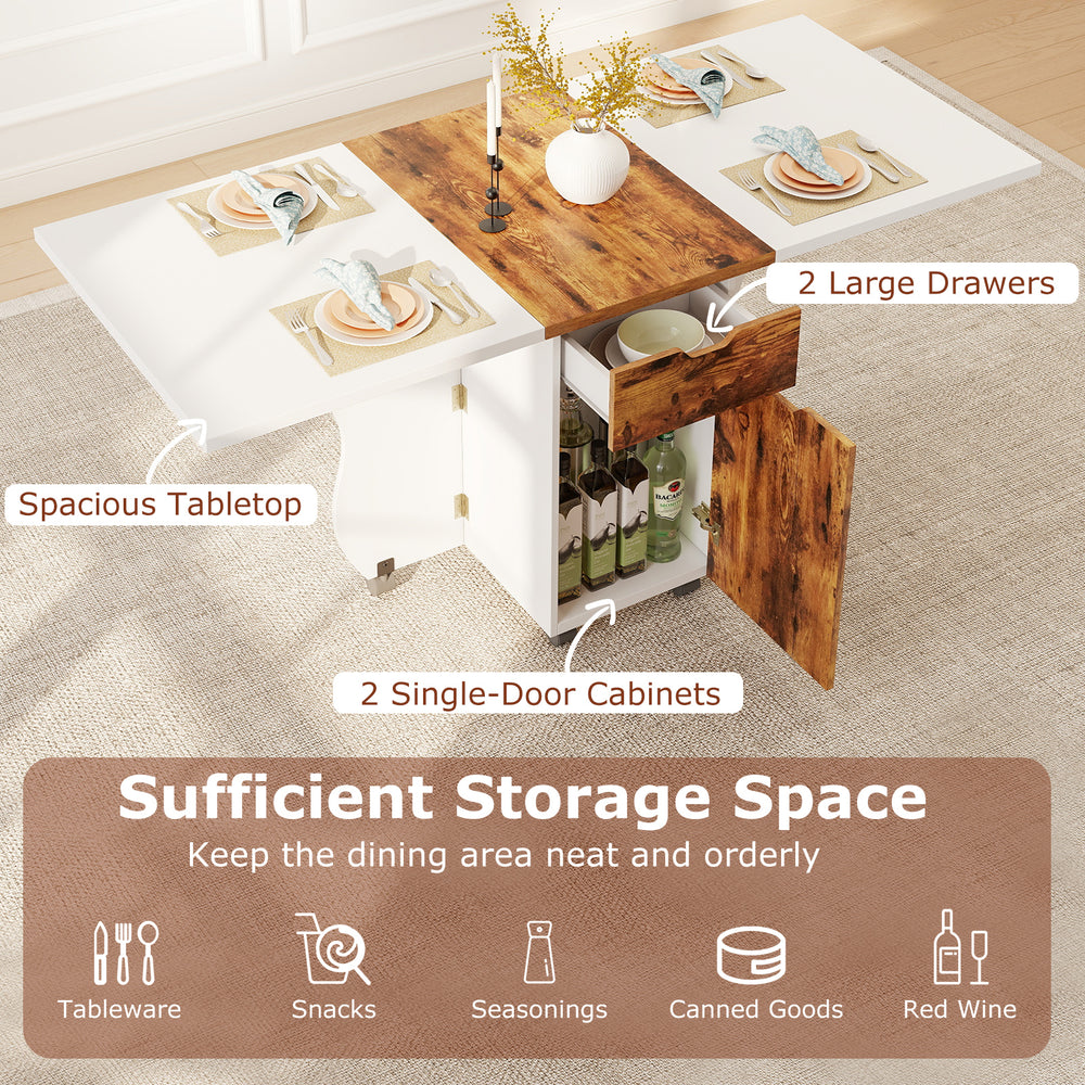 Folding dining table with a spacious brown tabletop, 2 large drawers, and cabinets for organized storage in any space.