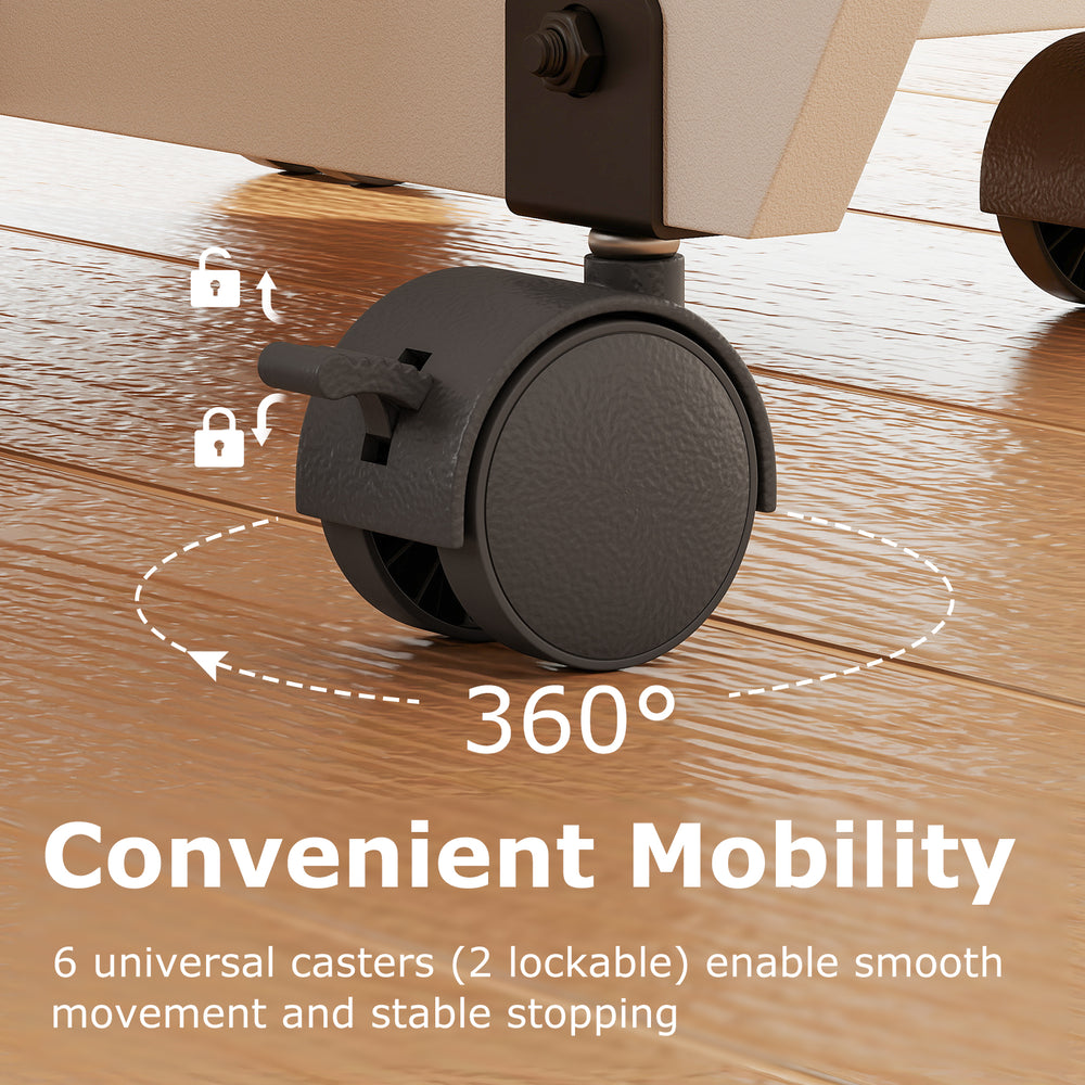 Close-up of the lockable caster wheel on a brown folding dining table, enabling smooth movement and stability.