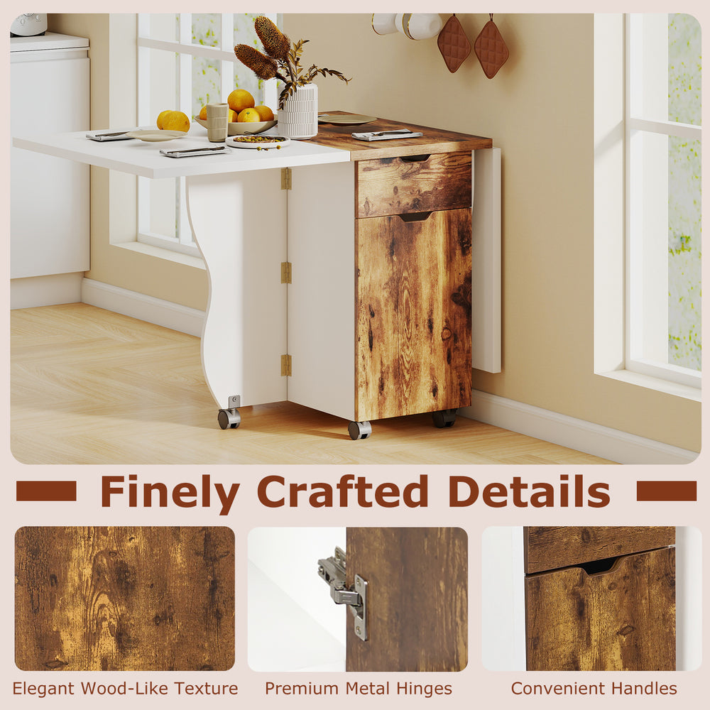 Folding dining table with elegant wood-like texture, featuring lockable wheels and convenient handles for versatile use.