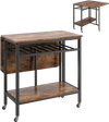Folding dining table in rustic brown with expandable top, wine rack, and wheels for easy mobility and compact storage.