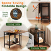 Folding dining table in rustic brown with expandable design, wine rack, and wheels for easy mobility in small spaces.