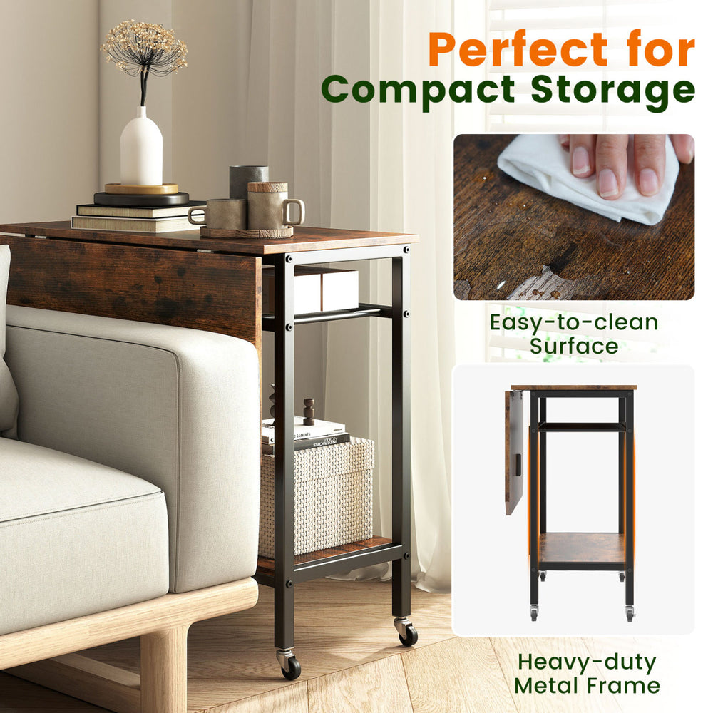 Folding dining table in rustic brown with expandable top, wine rack, and wheels for compact storage in small spaces.