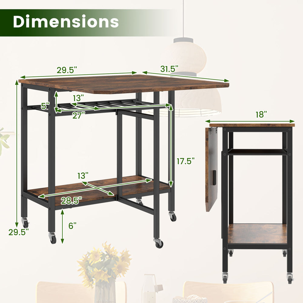 Folding dining table with expandable laptop surface, rustic brown finish, wine rack, and wheels for easy mobility.