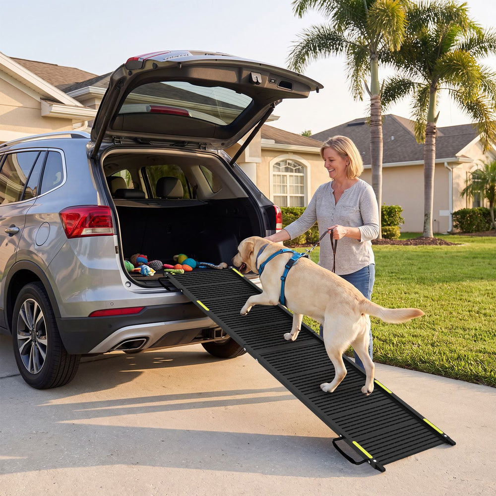 Folding dog ramp with a non-slip surface, designed for large dogs, providing easy access to cars and reducing joint stress.
