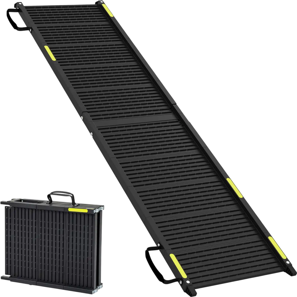 Folding dog ramp with a non-slip surface, designed for large dogs, supports up to 220 lbs for easy car access.