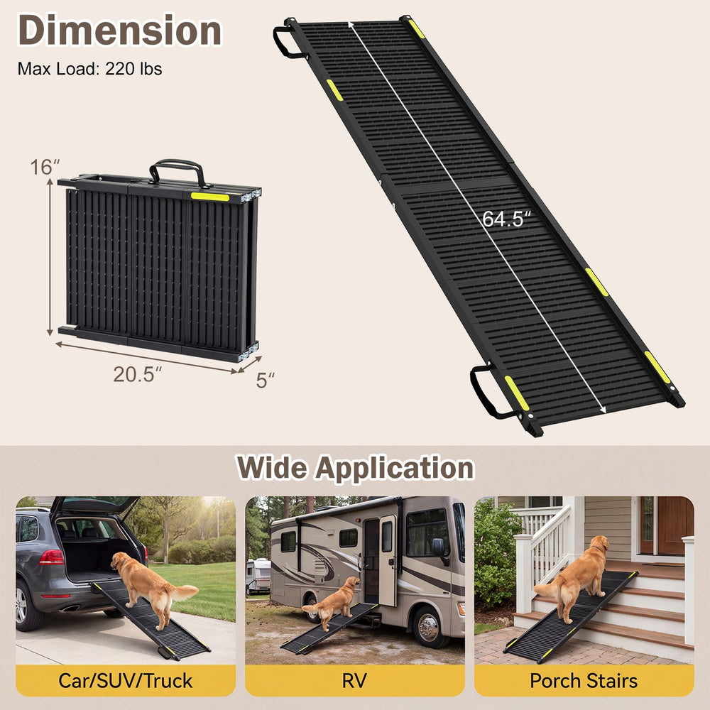 Folding dog ramp with a non-slip surface, designed for large dogs, supports up to 220 lbs for easy access to vehicles.