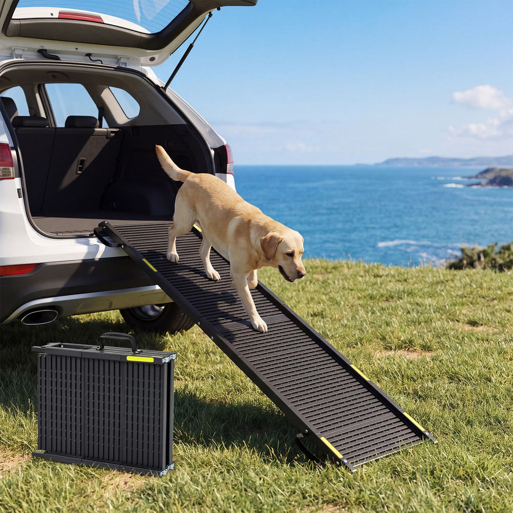 Folding dog ramp with a non-slip surface, designed for large dogs, provides easy access to cars and reduces joint stress.