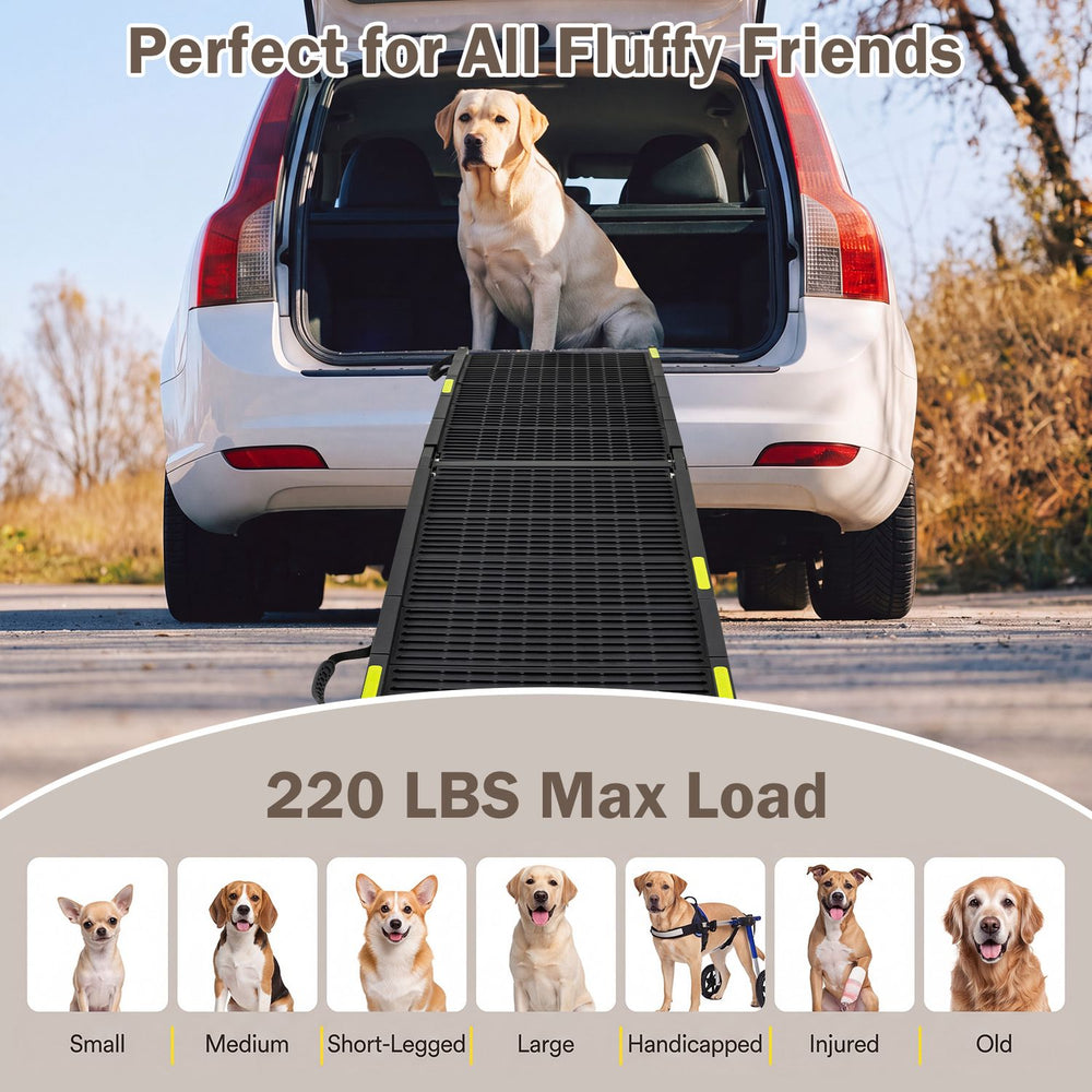 Folding dog ramp with a non-slip surface, supports up to 220 lbs, ideal for large and senior dogs to easily access vehicles.