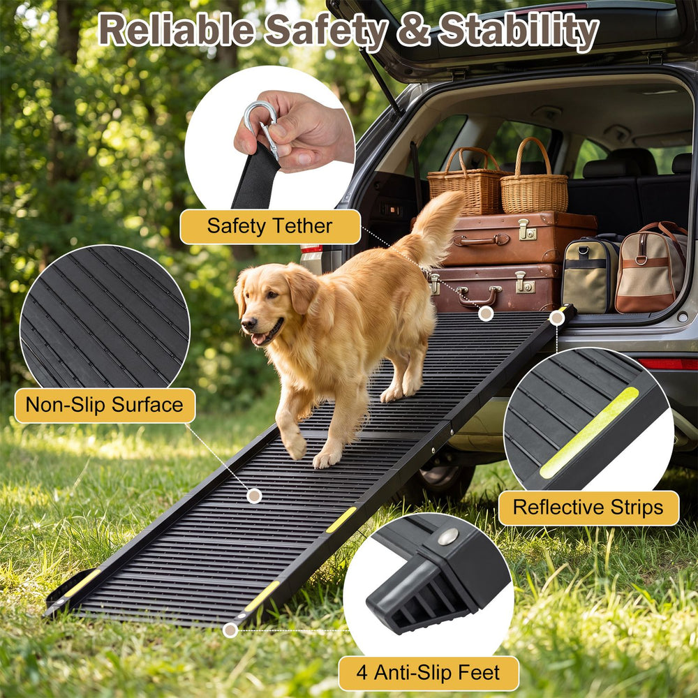 Folding dog ramp with a non-slip surface and anti-slip feet, designed for large dogs to easily climb into vehicles.