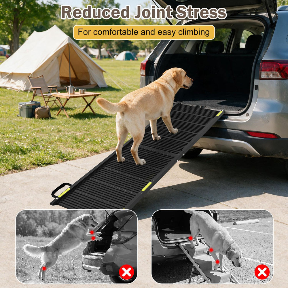Folding dog ramp with a non-slip surface, designed for large dogs, reduces joint stress for easy car access.