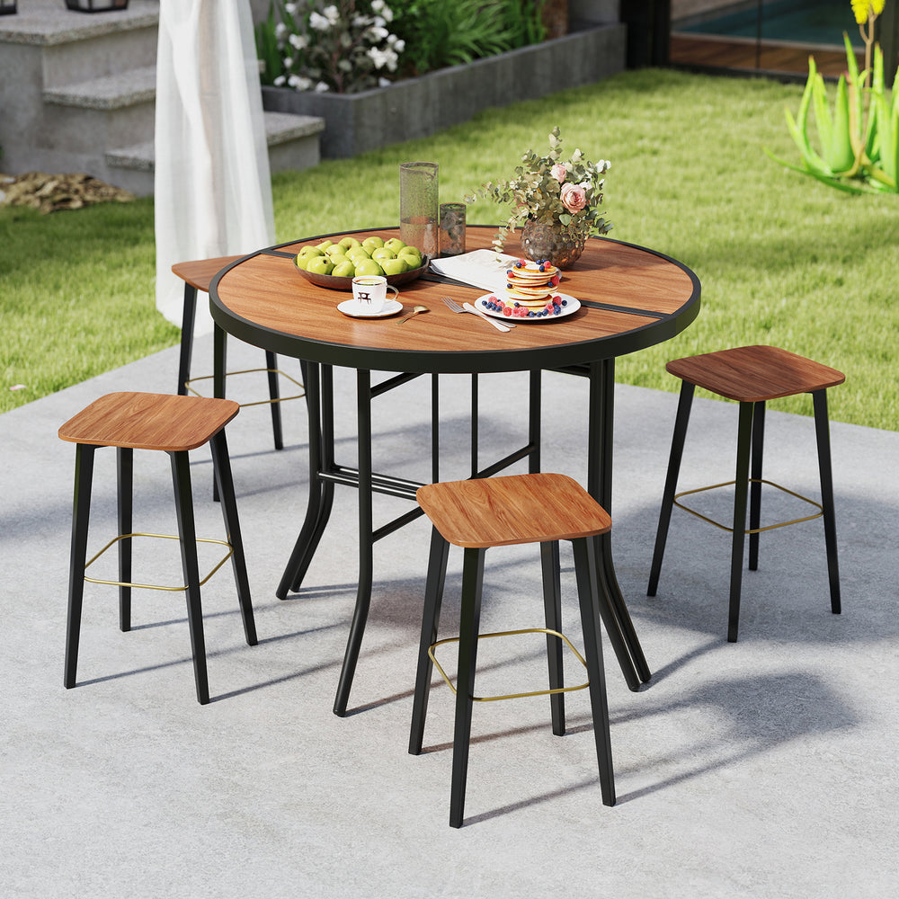 Half-round folding event table with metal frame and four stools, perfect for garden or poolside gatherings.