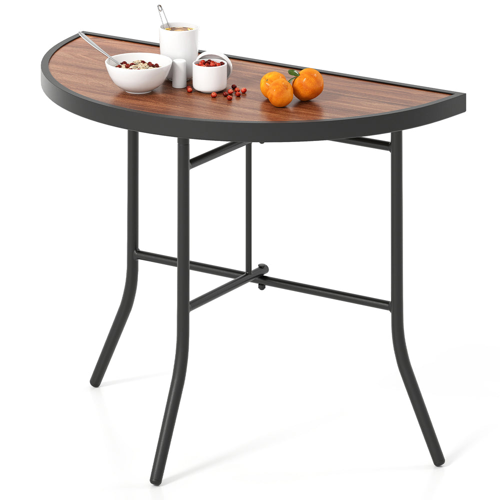 Half-round folding event table with metal frame, waterproof SPC top, ideal for indoor and outdoor use.