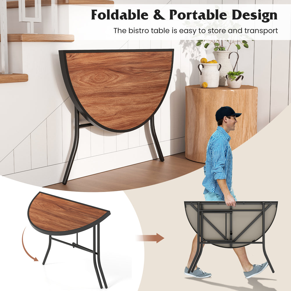 Half-round folding event table with metal frame, made of waterproof SPC material, ideal for indoor and outdoor use.