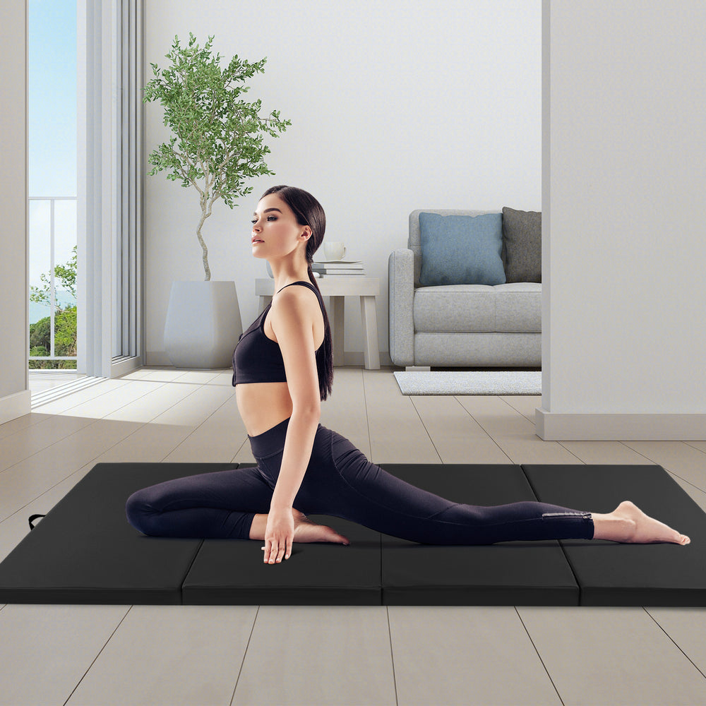 4-Panel PU Leather Folding Exercise Mat with Carrying Handles-Black - Gallery View 1 of 10