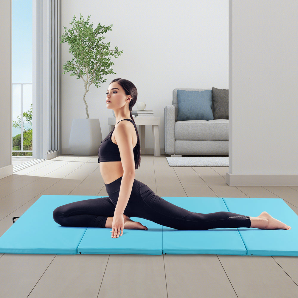 4-Panel PU Leather Folding Exercise Mat with Carrying Handles-Blue - Gallery View 1 of 10