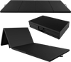 Black 4-panel PU leather folding exercise mat with carrying handles, ideal for stretching and gymnastics.