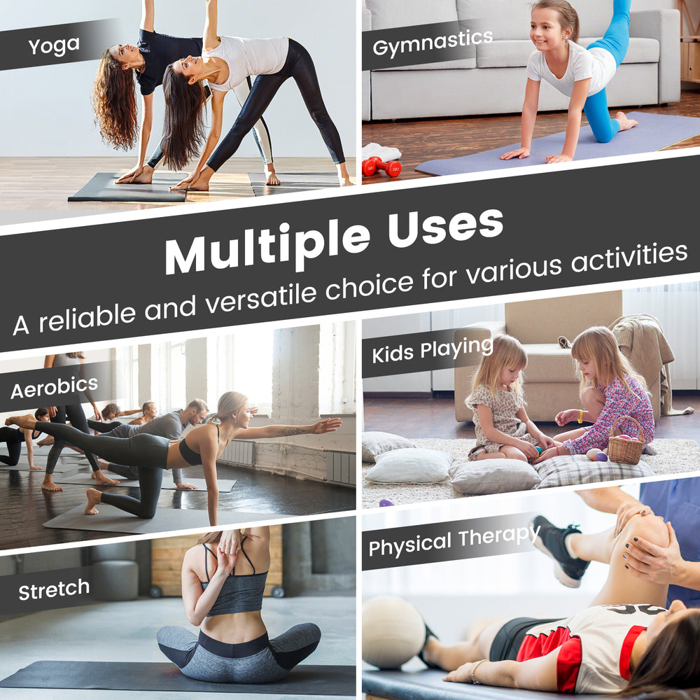 4-panel black PU leather folding exercise mat with carrying handles, ideal for stretching, gymnastics, and martial arts.