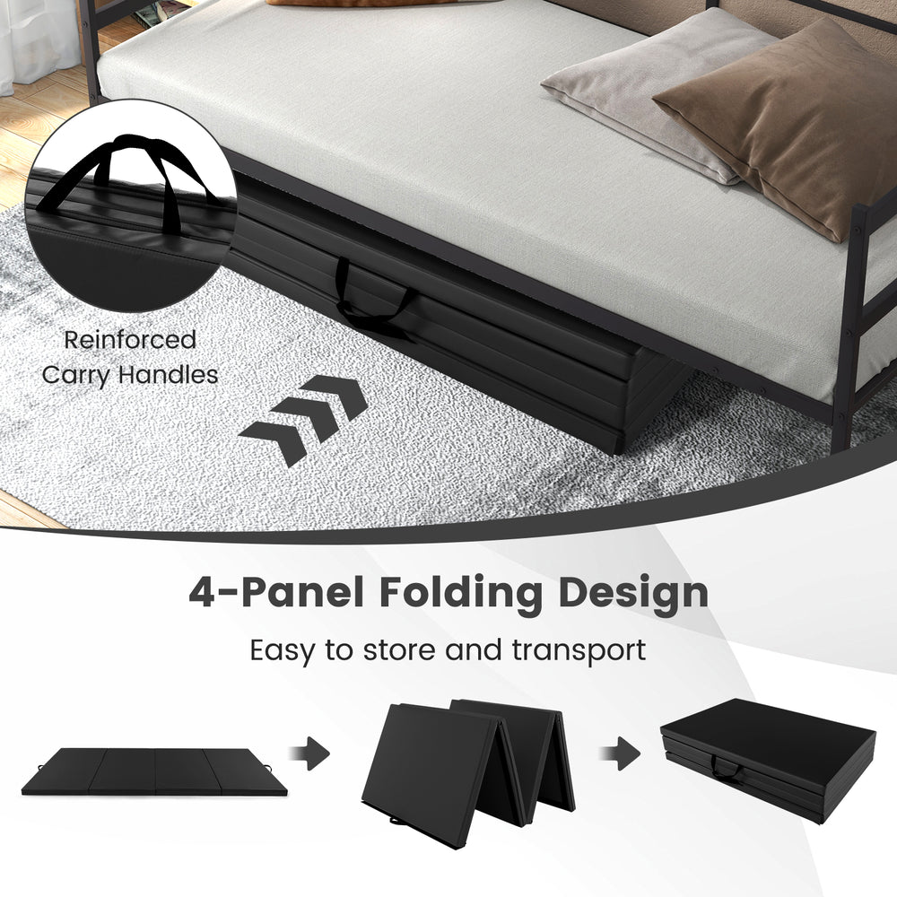 4-panel black PU leather folding exercise mat with carry handles, ideal for easy transport and storage for workouts.