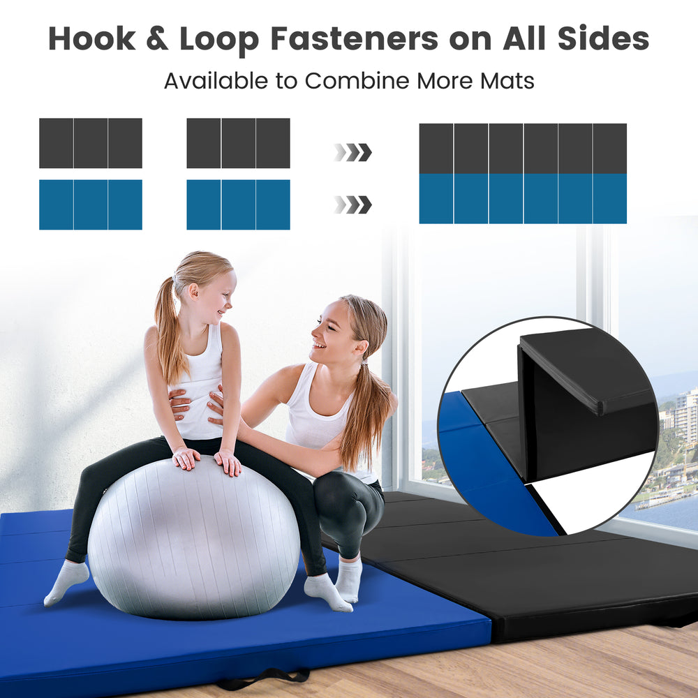 4-panel black PU leather folding exercise mat with carrying handles, ideal for gymnastics and martial arts training.