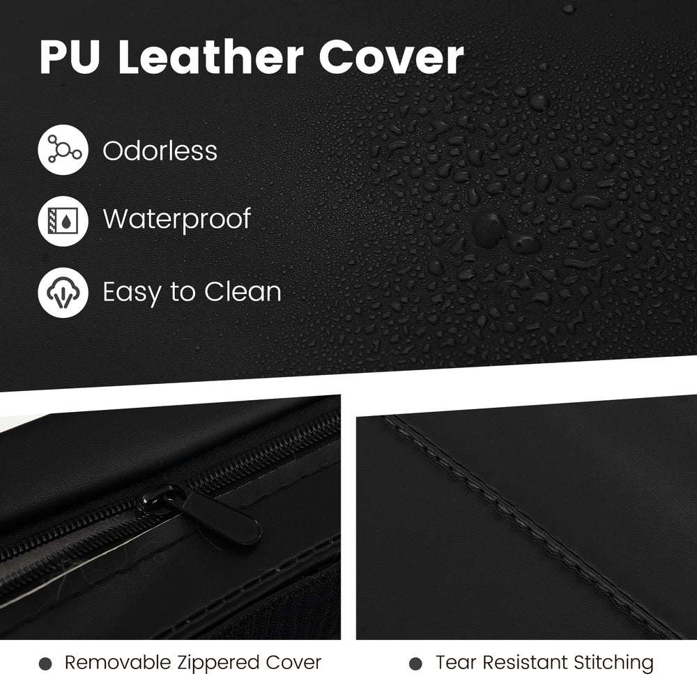 Close-up of the black PU leather cover of a 4-panel folding exercise mat, featuring waterproof and tear-resistant.