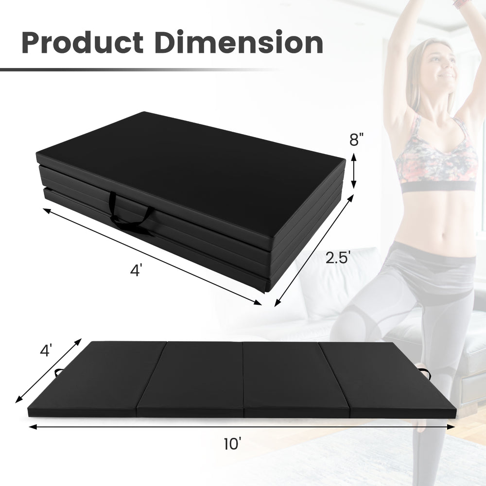 Black 4-panel PU leather folding exercise mat with carrying handles, 4' x 10', ideal for stretching and gymnastics.