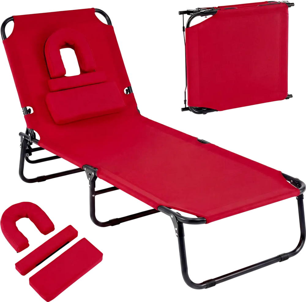 Red folding tanning chair with face hole, adjustable backrest, and 3 removable pillows for beach or poolside relaxation.