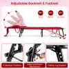 Folding tanning chair in red with adjustable backrest, face hole, and three removable pillows for versatile sunbathing.