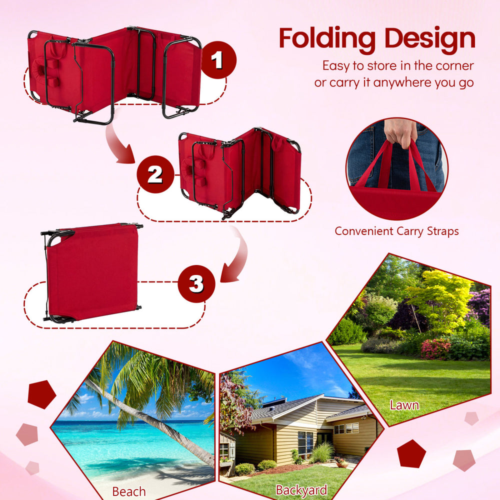 Folding Face Down Tanning Chair in red with adjustable backrest and detachable pillows, ideal for beach and backyard.