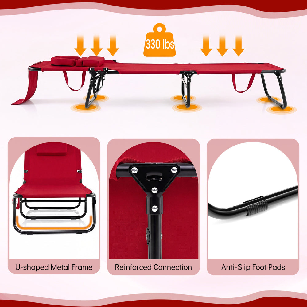 Folding tanning chair in red with face hole, adjustable backrest, and 3 removable pillows for outdoor relaxation.