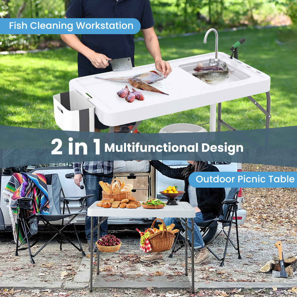 Folding fish cleaning table with sink, measuring 42.5" x 22.5", ideal for patio BBQ and versatile outdoor use.