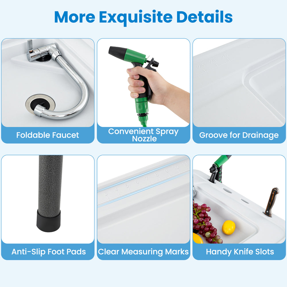 Foldable faucet and spray nozzle on the 2 in 1 folding fish cleaning table with sink for convenient outdoor use.