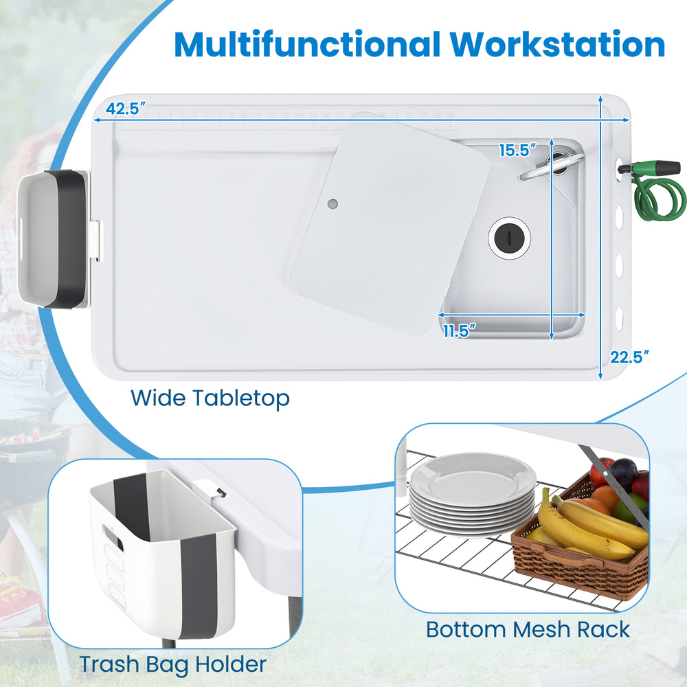 Folding fish cleaning table with sink, measuring 42.5" x 22.5", features trash bag holder and bottom mesh rack for BBQ.