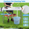 Folding fish cleaning table with sink, 42.5" x 22.5" HDPE tabletop, side trash holder, and adjustable drain for patio.