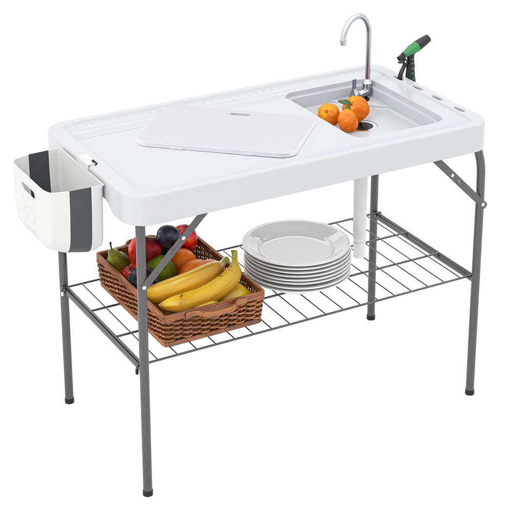 Folding fish cleaning table with sink, faucet, and side trash holder for patio BBQ, featuring ample workspace and.