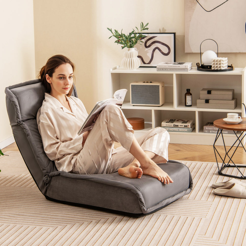 Folding Floor Chair Convertible Lazy Chair with 14-Poistion Adjustable Backrest-Gray - Gallery View 1 of 8