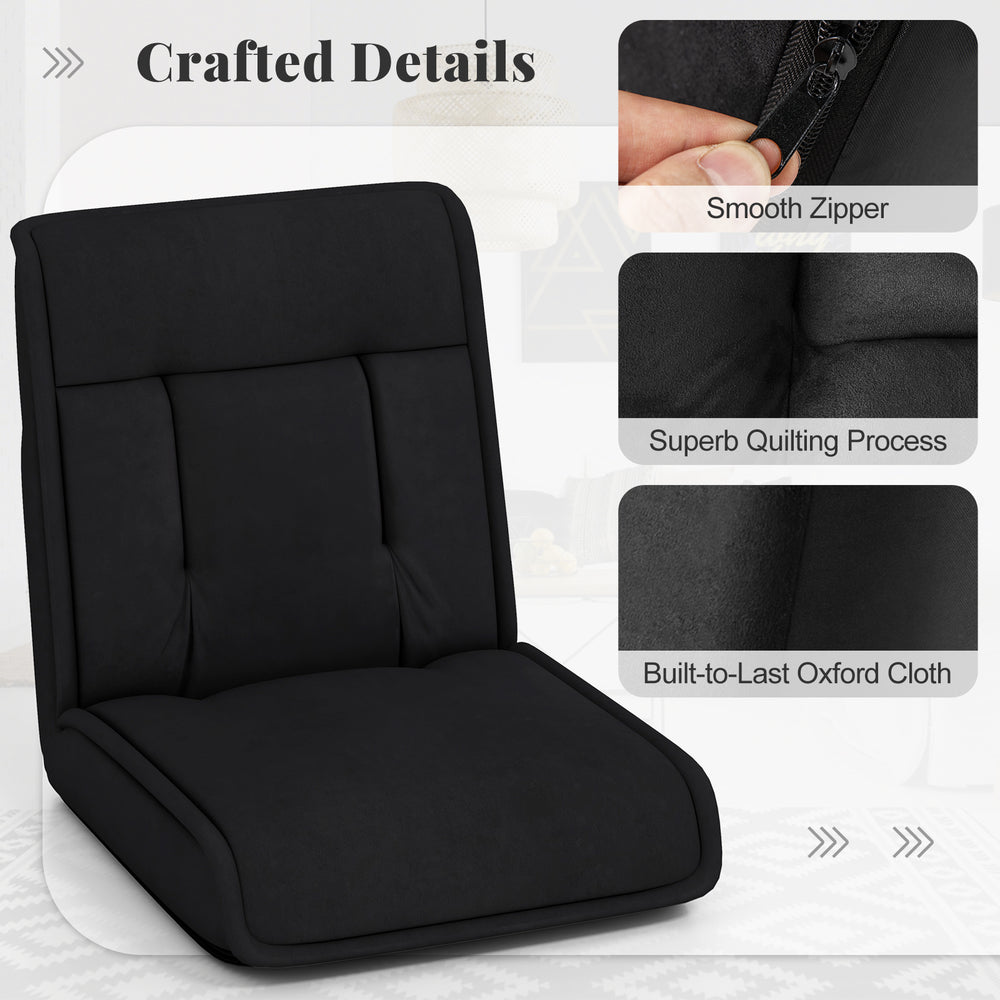 Black folding floor chair with 14-position adjustable backrest and smooth zipper, perfect for gaming and relaxation.