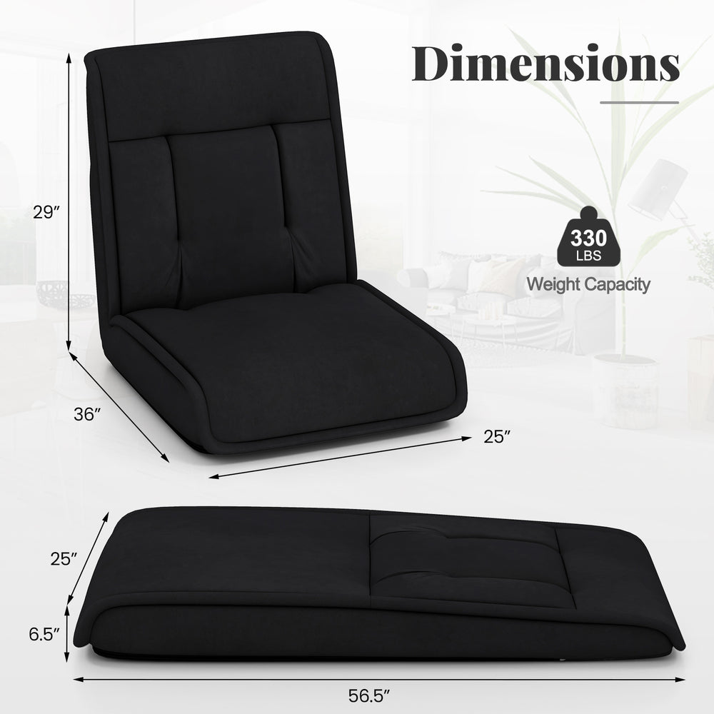 Folding floor chair in black with 14-position adjustable backrest, ideal for gaming, reading, or napping.