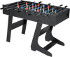 Folding foosball table in black with 22 players, slide scorers, and sturdy legs for space-saving game enjoyment.