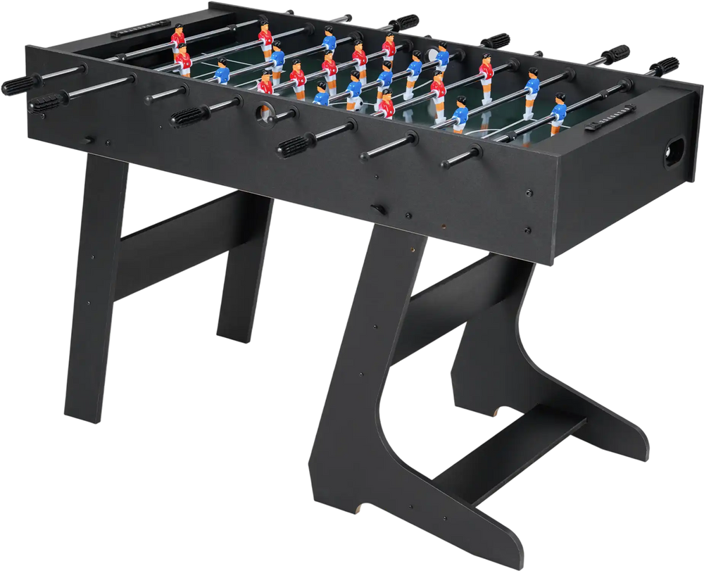Folding foosball table in black with 22 players, slide scorers, and sturdy legs for space-saving game enjoyment.