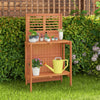 Folding garden potting bench with teak oil finish, featuring 2-tier storage shelves, ideal for outdoor plant.