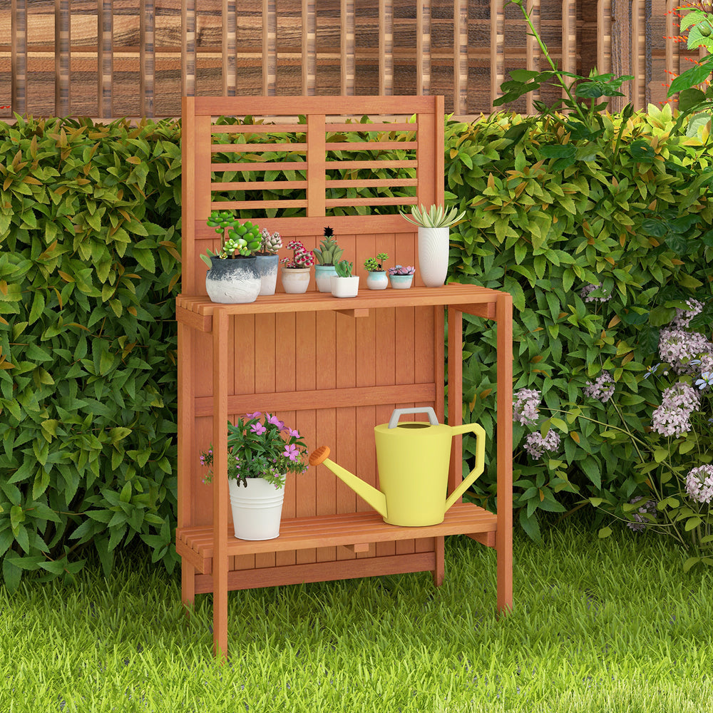 Folding garden potting bench with teak oil finish, featuring 2-tier storage shelves, ideal for outdoor plant.