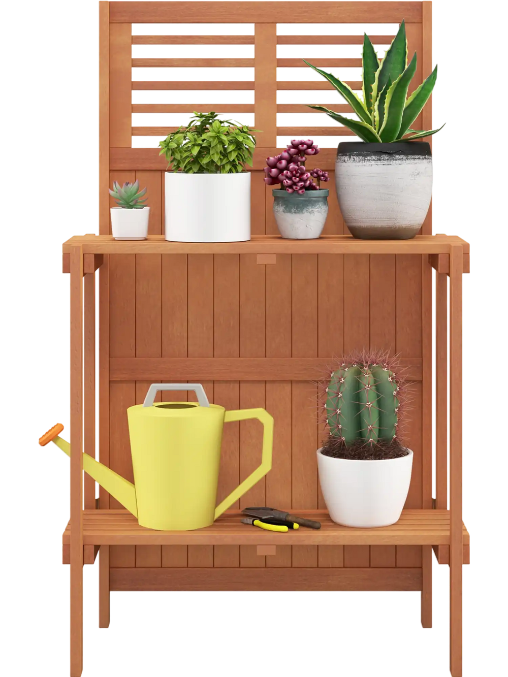 Folding Garden Potting Bench with 2-tier Storage Shelves and Teak Oil Finish for Garden Yard Balcony