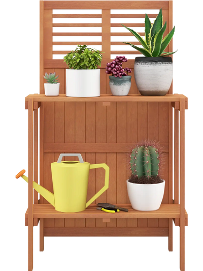 Costway Folding Garden Potting Bench 2-Tier Storage Shelves Teak Oil Finish 76139842 New