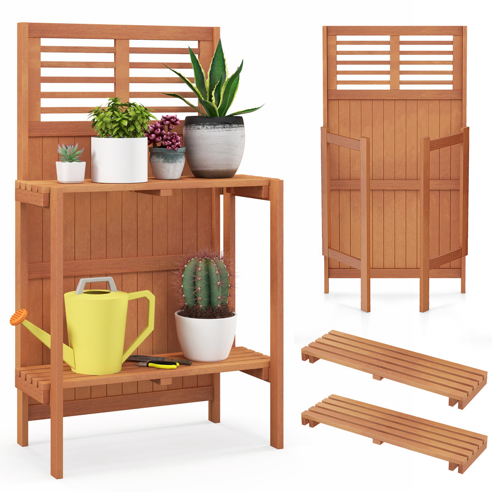 Folding garden potting bench with teak oil finish, featuring 2-tier storage shelves for plants and tools, ideal for.