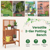 Folding 2-tier potting bench with teak oil finish, ideal for potted plants and garden tools on balconies or decks.