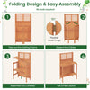 Folding garden potting bench with teak oil finish, featuring 2-tier storage shelves, ideal for outdoor use.