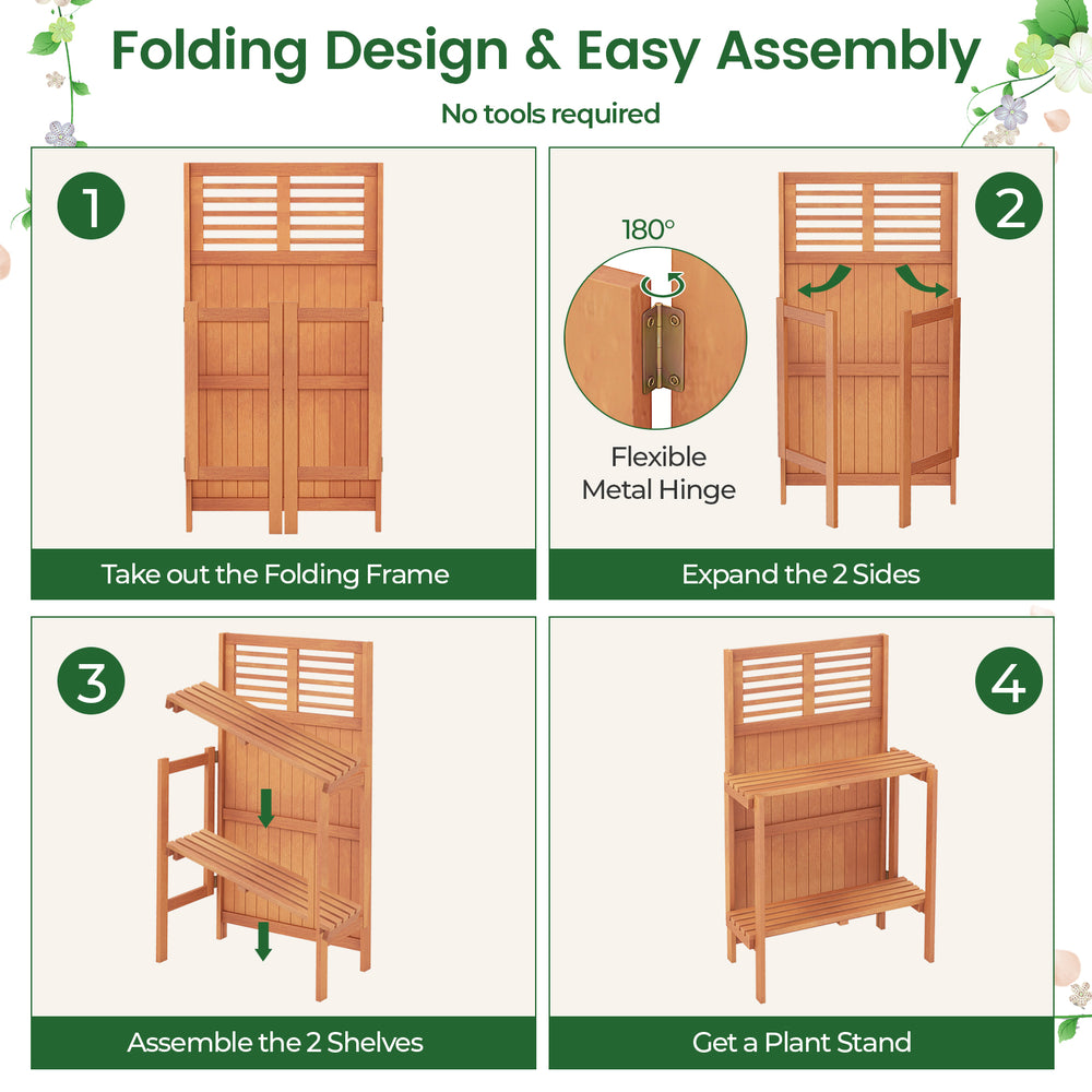 Folding garden potting bench with teak oil finish, featuring 2-tier storage shelves, ideal for outdoor use.