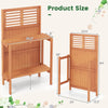 Folding garden potting bench with teak oil finish, featuring 2-tier storage shelves and slatted design for drainage.